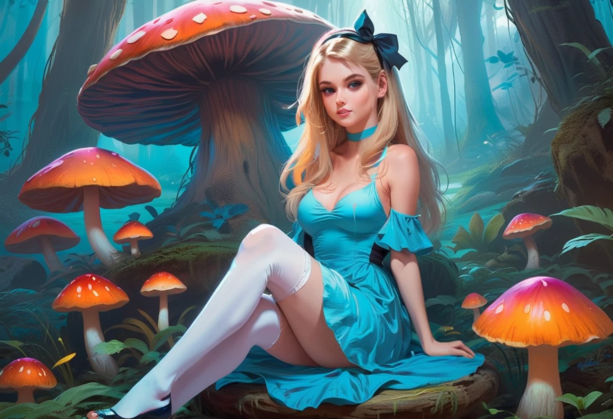 a beautiful 20 year old blonde woman with big messy hair in a blue dress, white stockings, black headband, cleavage, holding a glowing mushroom, sitting on a giant mushroom, fantasy art style, rossdraws cartoon vibrant, alice x. zhang, alice in wonderland cyberpunk, cute detailed digital art, colorfull digital fantasy art, digital fantasy art ), glossy digital painting, rossdraws pastel vibrant, rossdraws 2. 5, rossdraws 1. 0