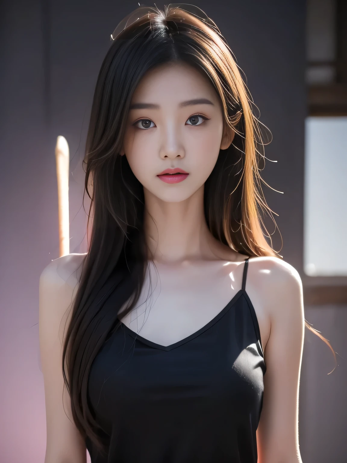 19-year-old Korean girl wearing a black top，Holding a bat-like spinning top, Purple light and dark magic patterns emit endless dark energy behind her 