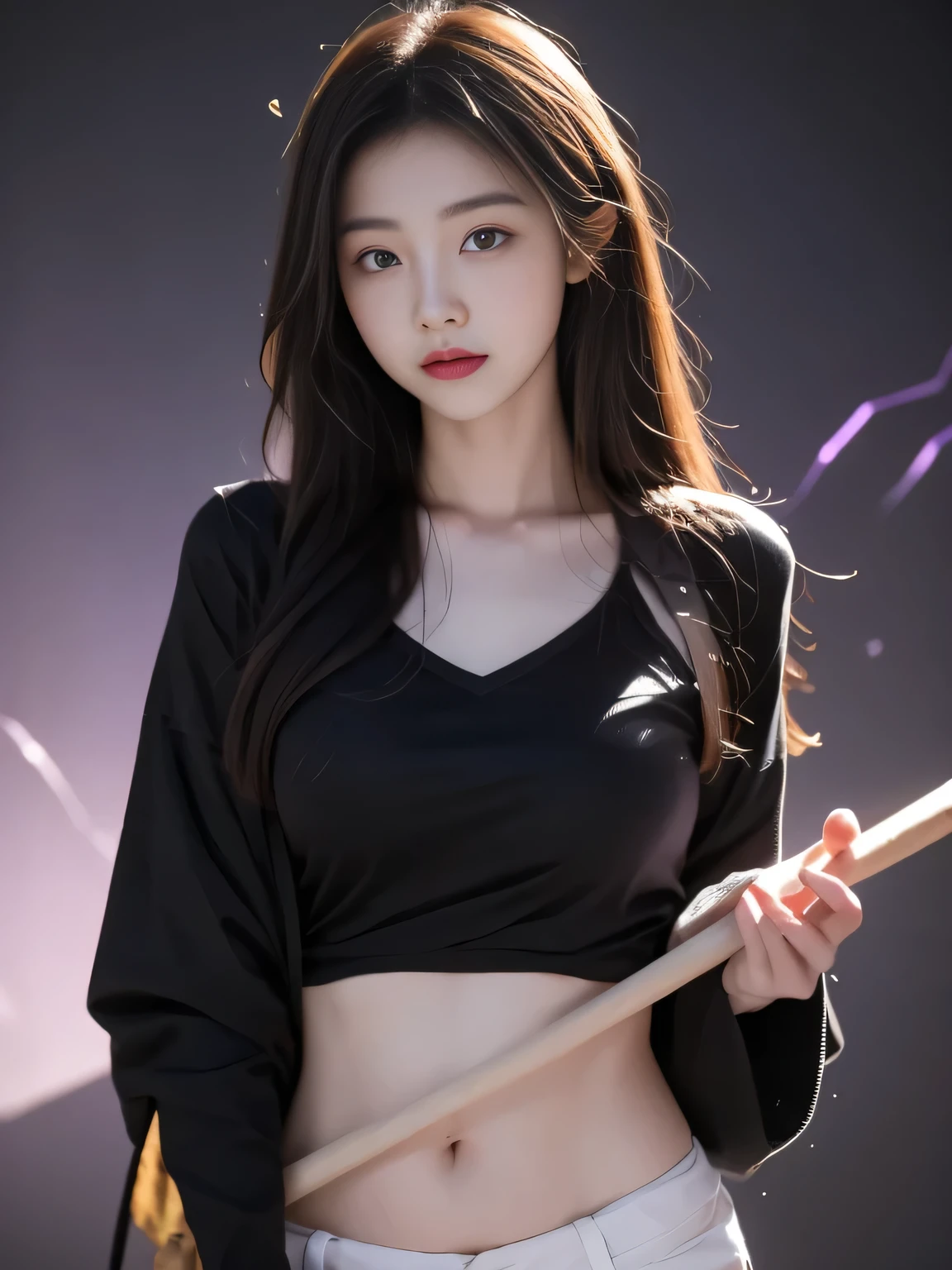 19-year-old Korean girl wearing a black top，Holding a bat-like spinning top, Purple light and dark magic patterns emit endless dark energy behind her 