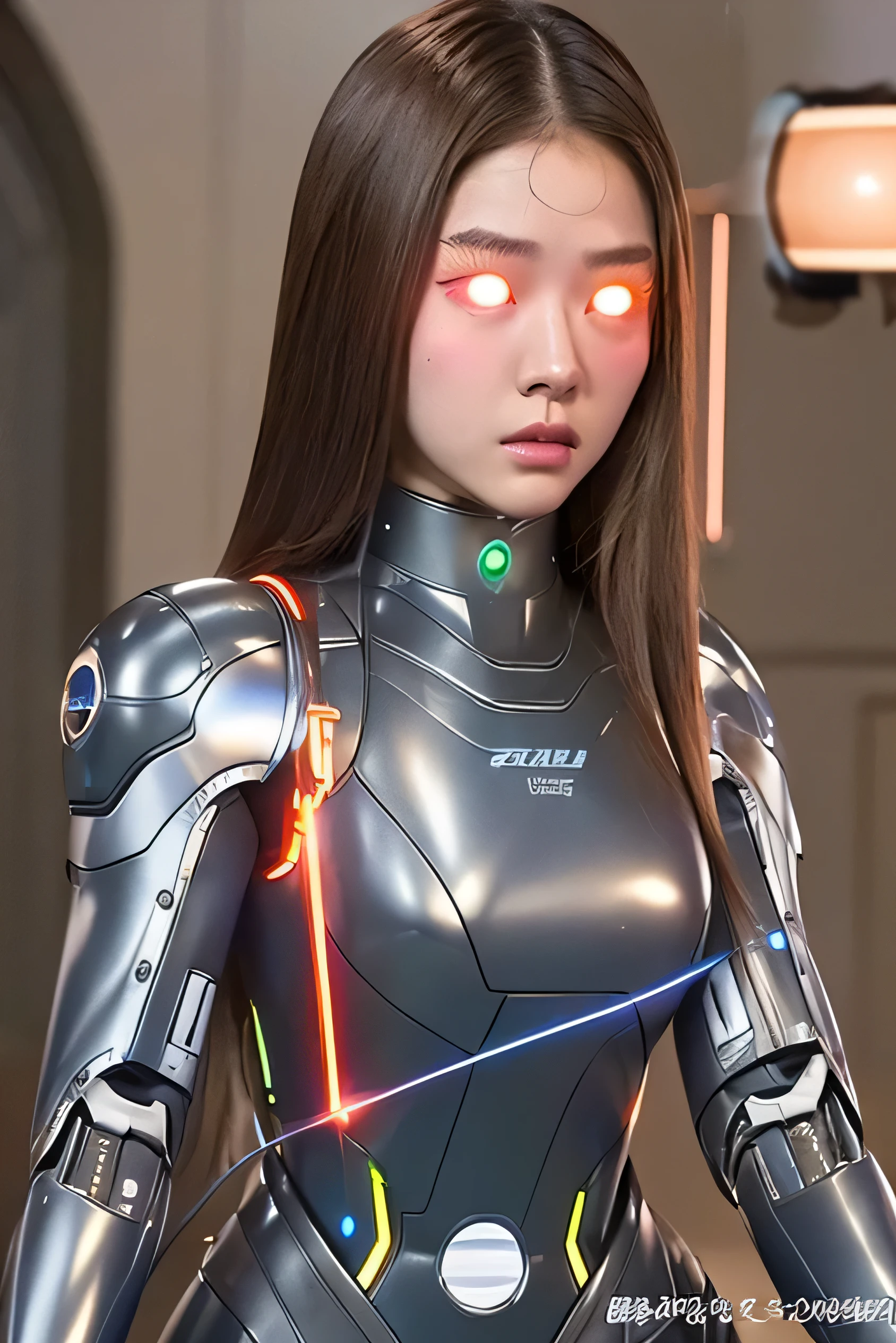 masterpiece, best quality, extremely detailed,front view,japaese android girl,control panels,android,Droid,Mechanical Hand,Robot arms and legs,down jacket,long hair,brown hair,long tube,thick cable connected her neck,shirome,(Glowing Eyes Meme:1.2)