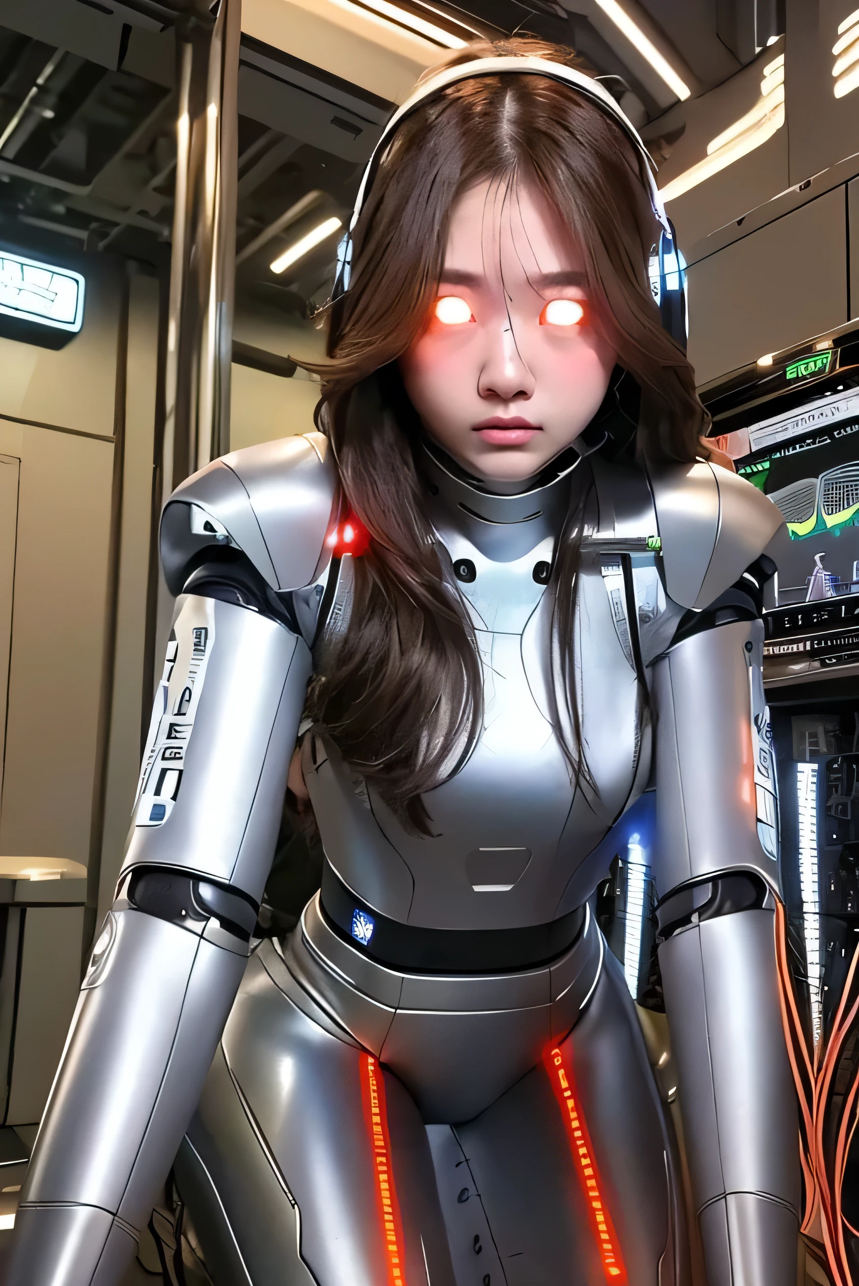 masterpiece, best quality, extremely detailed,front view,japaese android girl,control panels,android,Droid,Mechanical Hand,Robot arms and legs,down jacket,long hair,brown hair,long tube,thick cable connected her neck,shirome,(Glowing Eyes Meme:1.2)