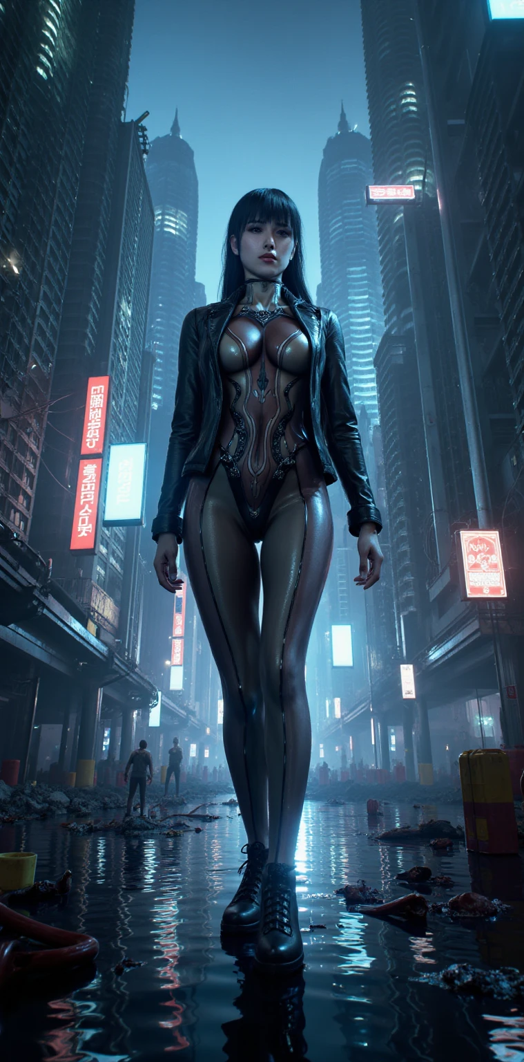  Eve from StellarBlade walkimg through dystopian cityscape at night. She is wearimg a leather jacket and latex pants