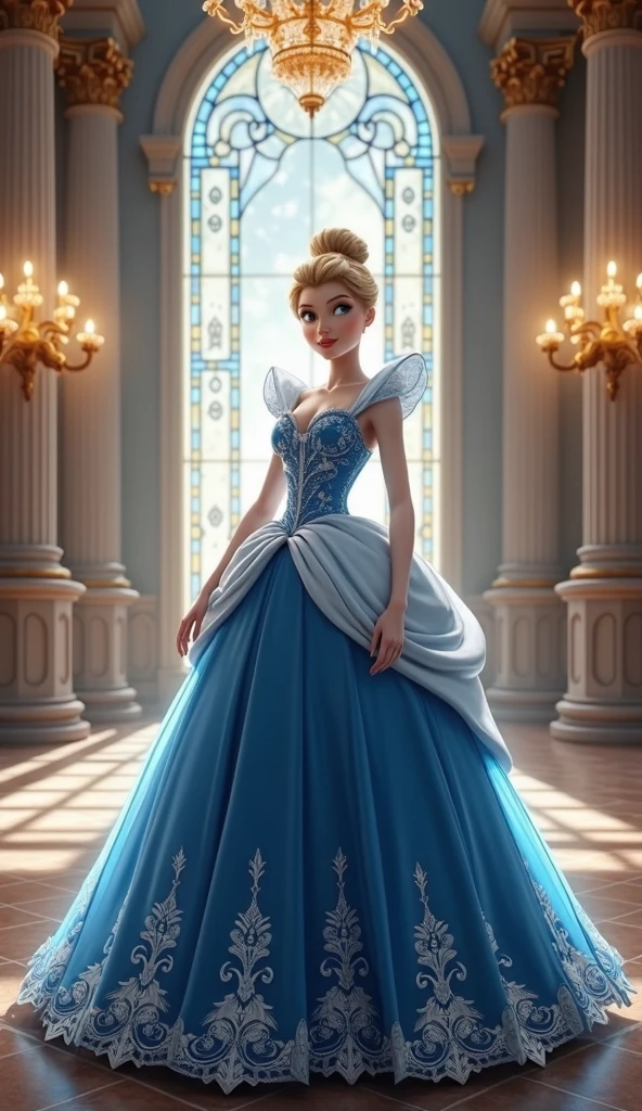 (Masterpiece) Beautifully rendered CG portrait of (1girl) Cinderella at her coronation, wearing a stunning white satin ballgown with enormous puffed sleeves and an enormous hoopskirt. The dress should be ultra-detailed and intricately designed, with a dynamic pose and expression that exudes grace and elegance. Focus on capturing the gorgeous blonde hair and stunning facial features, and the subtle play of light and shadow that accentuates the dress's voluminous silhouette.