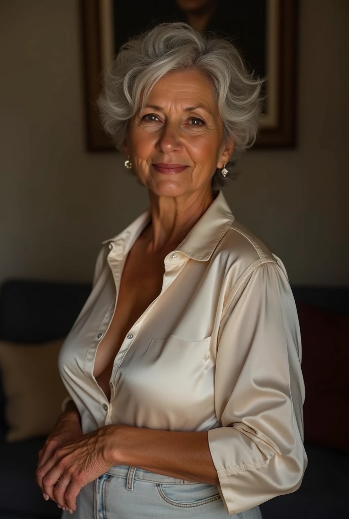 70 year old woman, leaning forward to expose nipples, woman is looking up, wearing a loose white blouse, grey hair