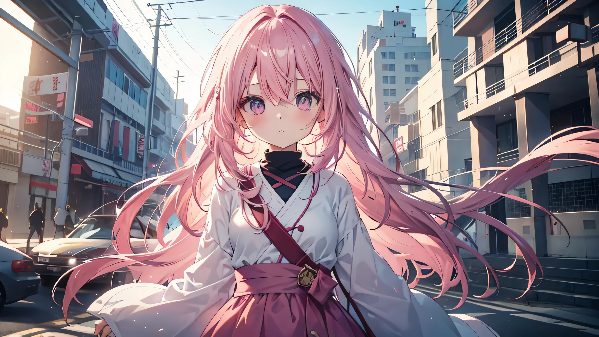 Tense Face , cute anime pink haired girl、 Dynamic、solo, long hair, soft light,Nervousness and expectations intersect on the morning of an art festival