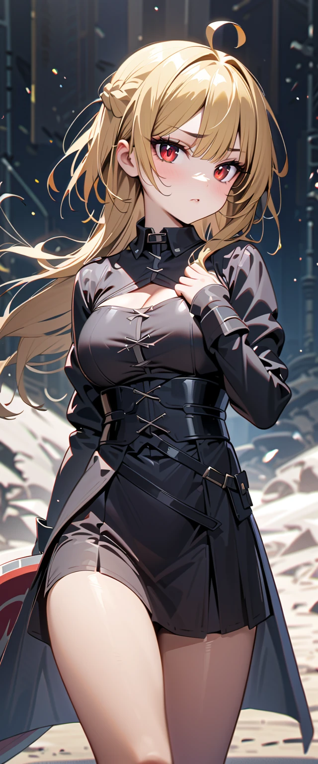 (high-quality, breathtaking),(expressive eyes, perfect face) 1girl, female, solo, maomao, cowboy shot, medium full shot, blonde hair color, alluring red eyes, Large breasts, small Ahoge, Knight Attire, Sword and shield, black shorts, looking towards viewer, HD, High quality image, dusty particles floating around, black choker, black collar with spikes, goth girl, goth aesthtic
