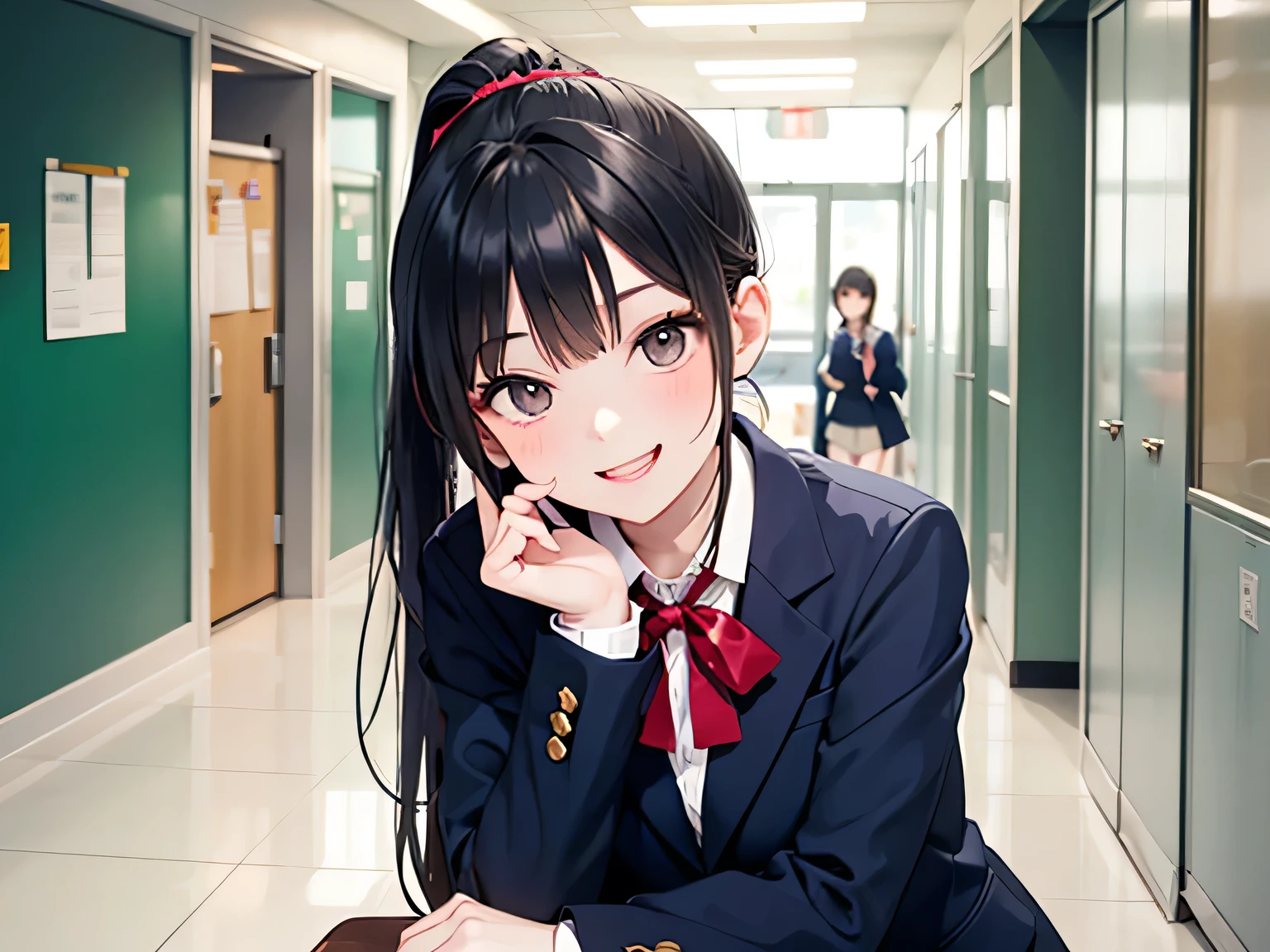 In the hallway of the school, a high school girl with black hair tied in a ponytail laughs and tilts her head with her index finger on her chin. She is wearing a navy blue blazer with a ribbon.