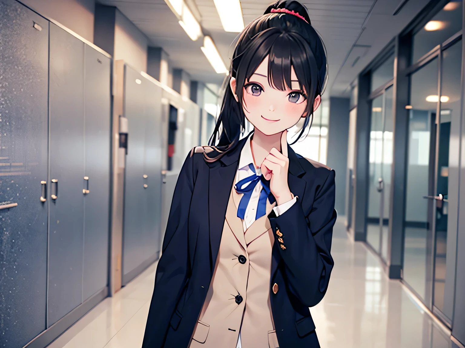 In the hallway of the school, a high school girl with black hair tied into a ponytail smiles wickedly and tilts her head with her index finger on her chin. She is wearing a navy blue blazer with a ribbon.