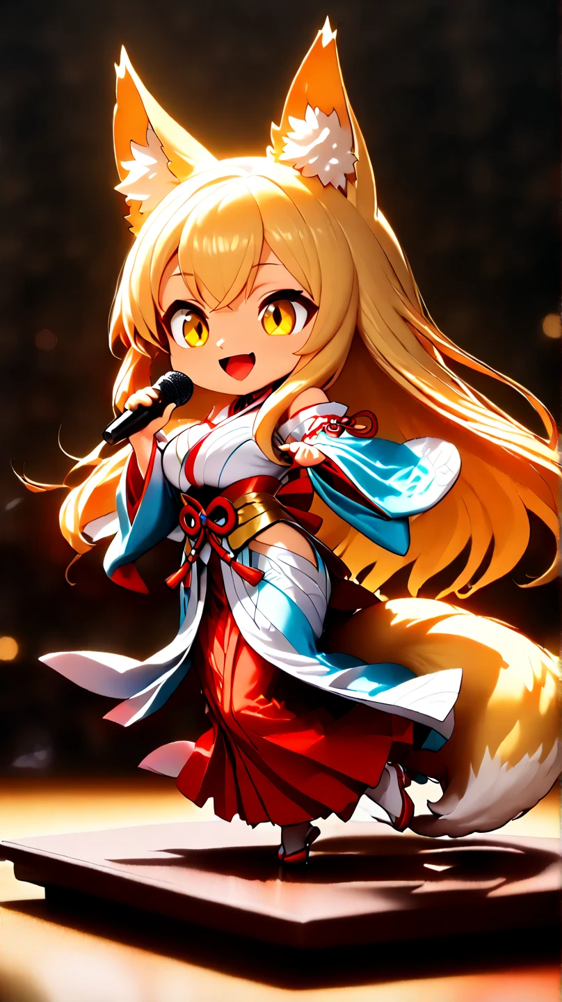 (  Masterpiece ,   best quality :1.2), ((( 1 anime girl))) , (((Alone))),   expressive eyes , Fox&#39;s Tail, ((( long blonde hair))). ((( straight hair))), milf, mature woman, (smile), ((( golden eyes))), (((Standard shrine maiden costume))), ((( fox ears))), Big Breasts, 嬉しそうなsmile, face shot, (((Hold the microphone and sing with your mouth open))),  looking at camera, goofy look, (((Torii of the small shrine ))),  Volume Light ,  subsurface scattering,  Cinematic Light ,  chiaroscuro,  jyojifuku, miko,red hakama, HUGE STUDY ROOM , ((( A miniature of a shrine on a huge desk))), ((( a very small hand-riding goddess on a huge desk))), Bird&#39;s-eye view, (((Tiny 5 cm tall woman ))), SD girl , ((full body))