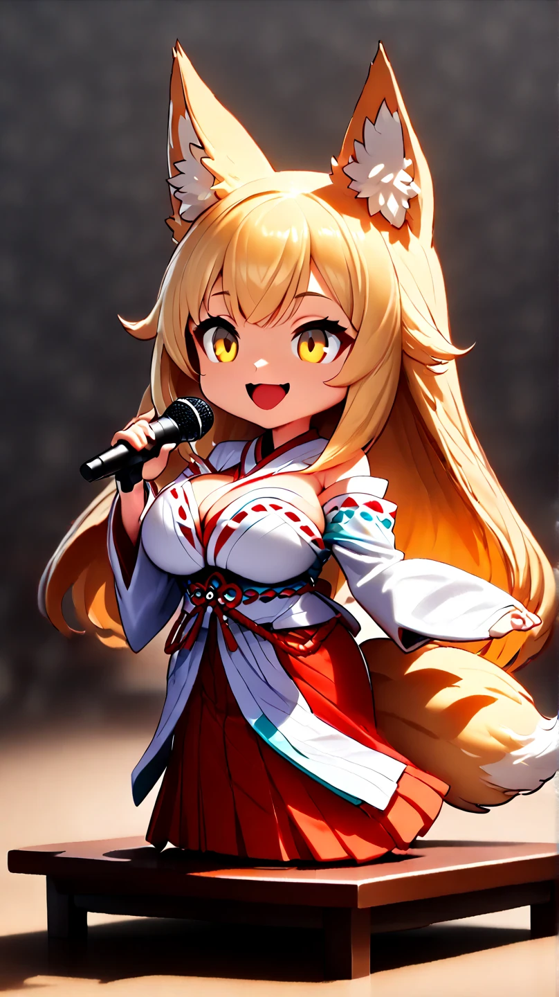 (  Masterpiece ,   best quality :1.2), ((( 1 anime girl))) , (((Alone))),   expressive eyes , Fox&#39;s Tail, ((( long blonde hair))). ((( straight hair))), milf, mature woman, (smile), ((( golden eyes))), (((Standard shrine maiden costume))), ((( fox ears))), Big Breasts, 嬉しそうなsmile, face shot, (((Hold the microphone and sing with your mouth open))),  looking at camera, goofy look, (((Torii of the small shrine ))),  Volume Light ,  subsurface scattering,  Cinematic Light ,  chiaroscuro,  jyojifuku, miko,red hakama, HUGE STUDY ROOM , ((( A miniature of a shrine on a huge desk))), ((( a very small hand-riding goddess on a huge desk))), Bird&#39;s-eye view, (((Tiny 5 cm tall woman ))), SD girl , ((full body))