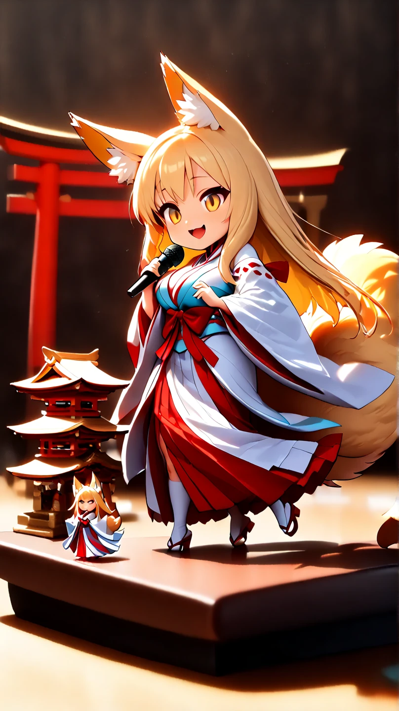 (  Masterpiece ,   best quality :1.2), ((( 1 anime girl))) , (((Alone))),   expressive eyes , Fox&#39;s Tail, ((( long blonde hair))). ((( straight hair))), milf, mature woman, (smile), ((( golden eyes))), (((Standard shrine maiden costume))), ((( fox ears))), Big Breasts, 嬉しそうなsmile, face shot, (((Hold the microphone and sing with your mouth open))),  looking at camera, goofy look, (((Torii of the small shrine ))),  Volume Light ,  subsurface scattering,  Cinematic Light ,  chiaroscuro,  jyojifuku, miko,red hakama, HUGE STUDY ROOM , ((( A miniature of a shrine on a huge desk))), ((( a very small hand-riding goddess on a huge desk))), Bird&#39;s-eye view, (((Tiny 5 cm tall woman ))), SD girl , ((full body))