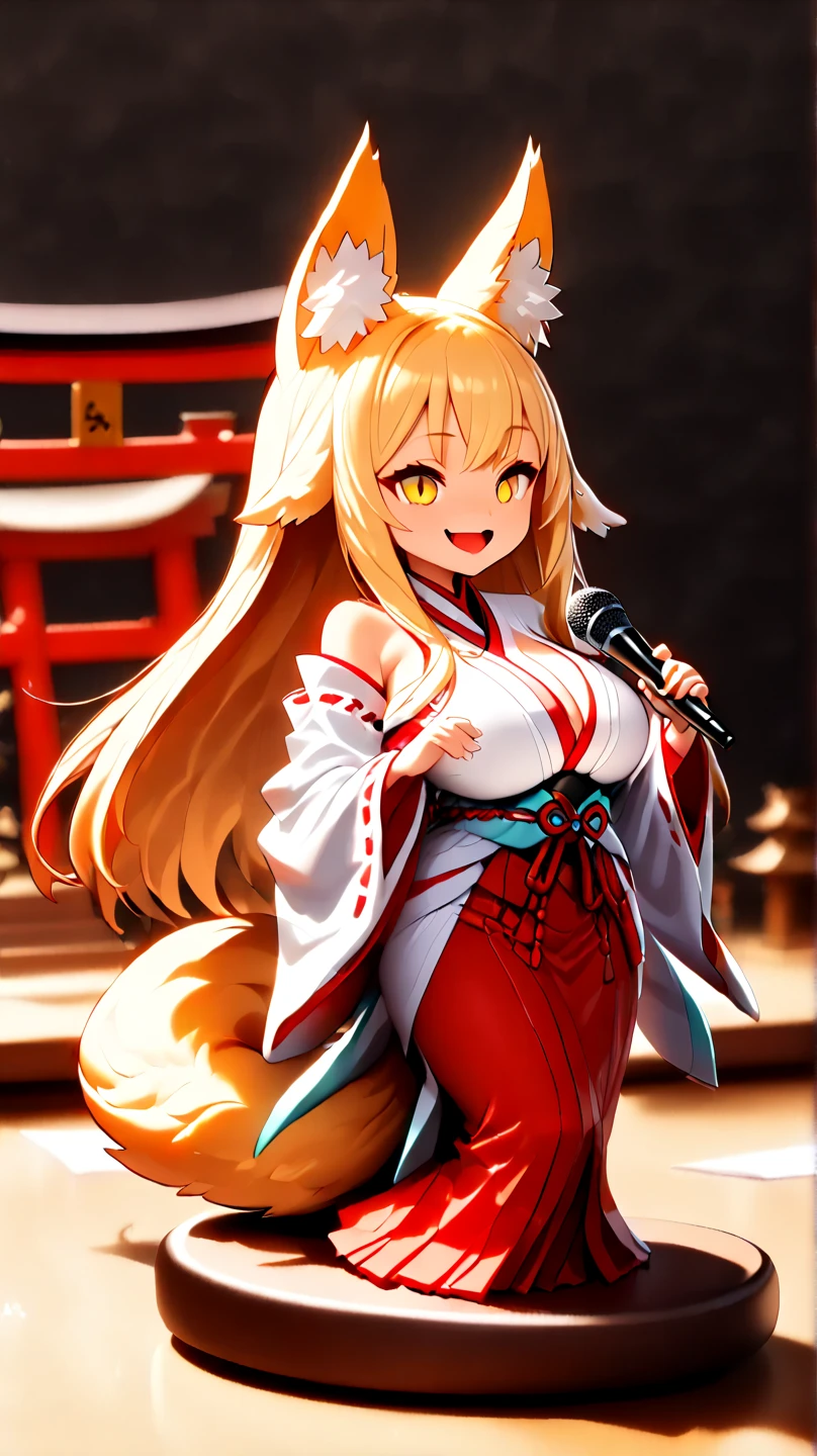 (  Masterpiece ,   best quality :1.2), ((( 1 anime girl))) , (((Alone))),   expressive eyes , Fox&#39;s Tail, ((( long blonde hair))). ((( straight hair))), milf, mature woman, (smile), ((( golden eyes))), (((Standard shrine maiden costume))), ((( fox ears))), Big Breasts, 嬉しそうなsmile, face shot, (((Hold the microphone and sing with your mouth open))),  looking at camera, goofy look, (((Torii of the small shrine ))),  Volume Light ,  subsurface scattering,  Cinematic Light ,  chiaroscuro,  jyojifuku, miko,red hakama, HUGE STUDY ROOM , ((( A miniature of a shrine on a huge desk))), ((( a very small hand-riding goddess on a huge desk))), Bird&#39;s-eye view, (((Tiny 5 cm tall woman ))), SD girl , ((full body))