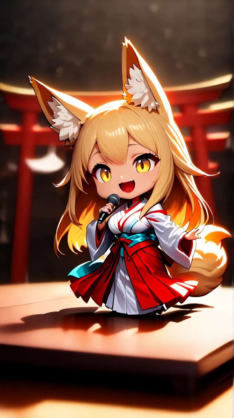 (  Masterpiece ,   best quality :1.2), ((( 1 anime girl))) , (((Alone))),   expressive eyes , Fox&#39;s Tail, ((( long blonde hair))). ((( straight hair))), milf, mature woman, (smile), ((( golden eyes))), (((Standard shrine maiden costume))), ((( fox ears))), Big Breasts, 嬉しそうなsmile, face shot, (((Hold the microphone and sing with your mouth open))),  looking at camera, goofy look, (((Torii of the small shrine ))),  Volume Light ,  subsurface scattering,  Cinematic Light ,  chiaroscuro,  jyojifuku, miko,red hakama, HUGE STUDY ROOM , ((( A miniature of a shrine on a huge desk))), ((( a very small hand-riding goddess on a huge desk))), Bird&#39;s-eye view, (((Tiny 5 cm tall woman ))), SD girl , ((full body))