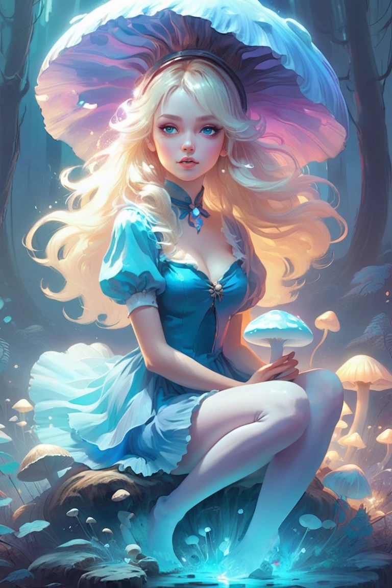 a beautiful 20 year old blonde woman with big messy hair in a blue dress, white stockings, black headband, cleavage, holding a glowing mushroom, sitting on a giant mushroom, fantasy art style, rossdraws cartoon vibrant, alice x. zhang, alice in wonderland cyberpunk, cute detailed digital art, colorfull digital fantasy art, digital fantasy art ), glossy digital painting, rossdraws pastel vibrant, rossdraws 2. 5, rossdraws 1. 0