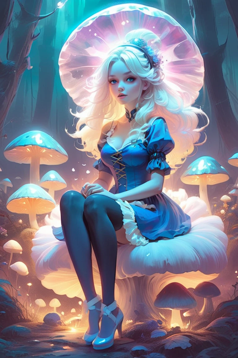 a beautiful 20 year old blonde woman with big messy hair in a blue dress, white stockings, black headband, cleavage, holding a glowing mushroom, sitting on a giant mushroom, fantasy art style, rossdraws cartoon vibrant, alice x. zhang, alice in wonderland cyberpunk, cute detailed digital art, colorfull digital fantasy art, digital fantasy art ), glossy digital painting, rossdraws pastel vibrant, rossdraws 2. 5, rossdraws 1. 0