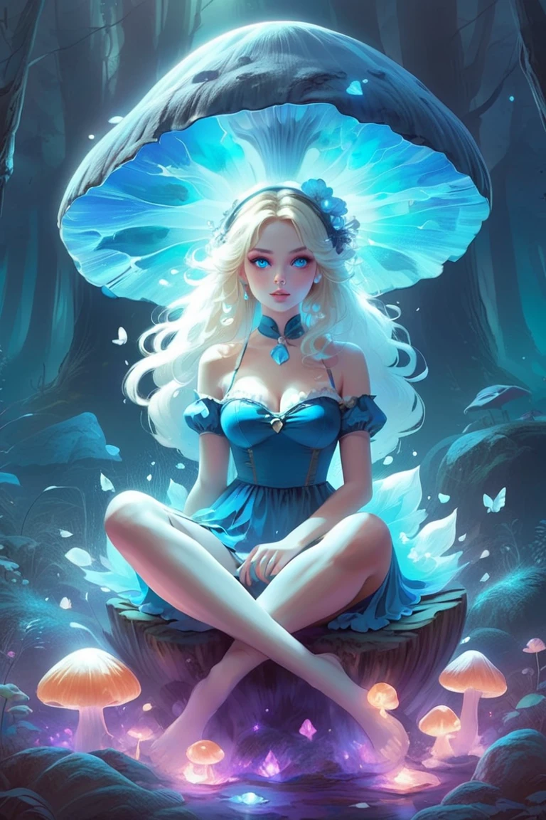 a beautiful 20 year old blonde woman with big messy hair in a blue dress, white stockings, black headband, cleavage, holding a glowing mushroom, sitting on a giant mushroom, fantasy art style, rossdraws cartoon vibrant, alice x. zhang, alice in wonderland cyberpunk, cute detailed digital art, colorfull digital fantasy art, digital fantasy art ), glossy digital painting, rossdraws pastel vibrant, rossdraws 2. 5, rossdraws 1. 0