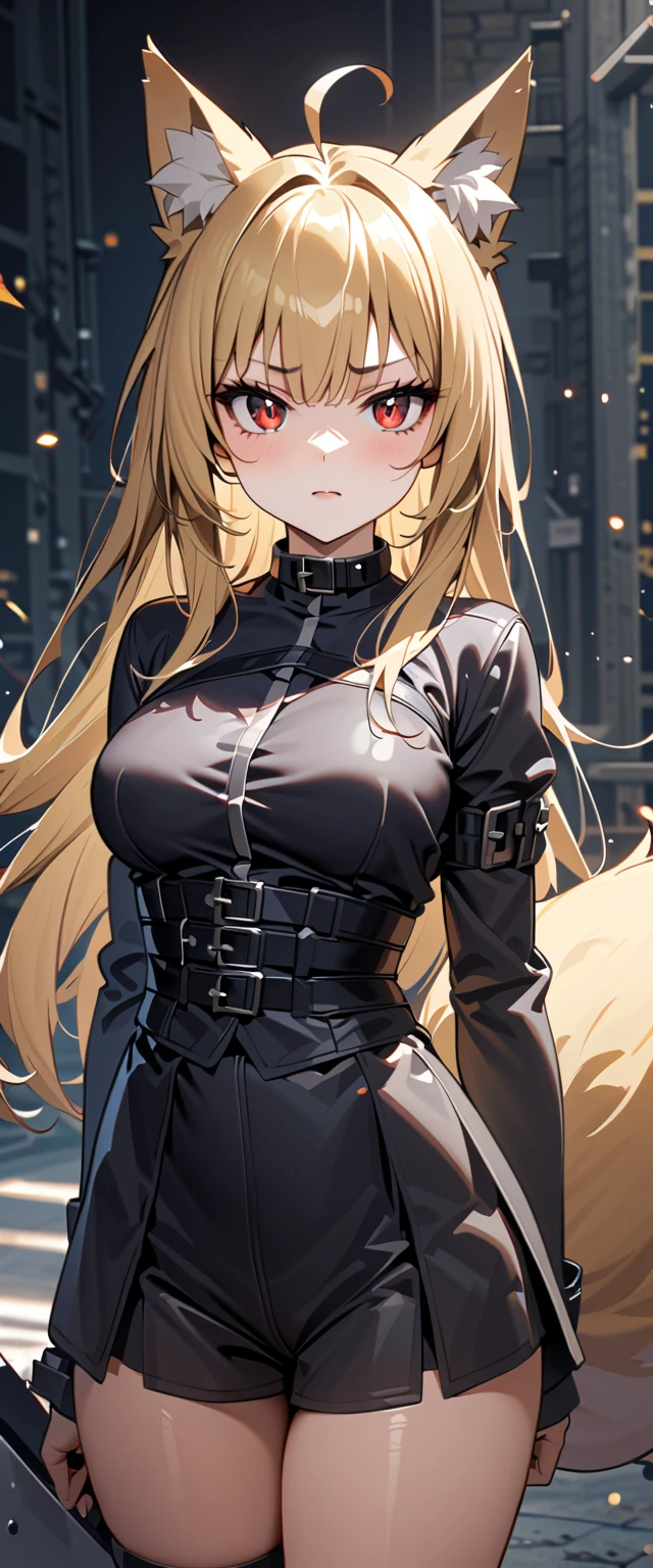 (high-quality, breathtaking),(expressive eyes, perfect face) 1girl, female, solo, maomao, cowboy shot, medium full shot, blonde hair color, alluring red eyes, Large breasts, fox ears, fox tail, small Ahoge, Knight Attire, Sword and shield, black shorts, looking towards viewer, HD, High quality image, dusty particles floating around, black choker, black collar with spikes, goth girl, goth aesthtic
