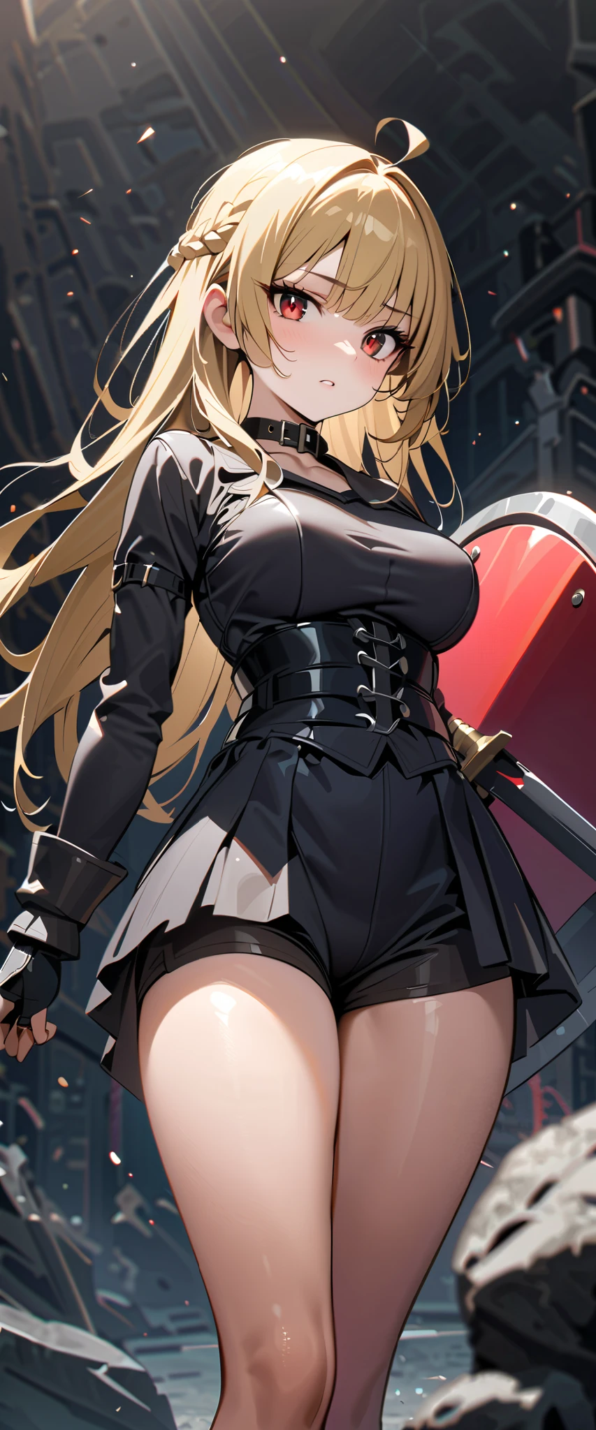 (high-quality, breathtaking),(expressive eyes, perfect face) 1girl, female, solo, maomao, cowboy shot, medium full shot, blonde hair color, alluring red eyes, Large breasts, small Ahoge, Knight Attire, Sword and shield, black shorts, looking towards viewer, HD, High quality image, dusty particles floating around, black choker, black collar with spikes, goth girl, goth aesthtic
