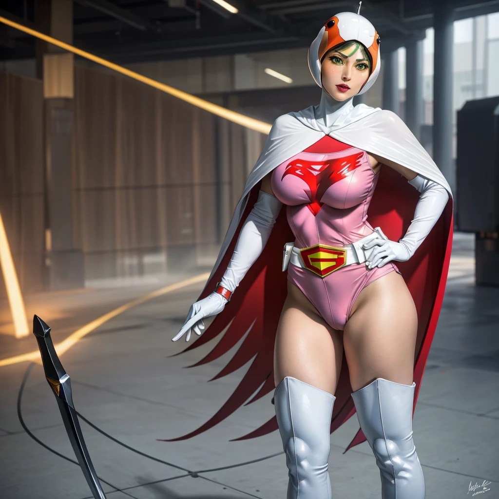 A girl in Gatchaman costume, long boots, long gloves, kicking enemies, detailed face, H3JTS, giga_busty, best quality, 4k, 8k, highres, masterpiece:1.2, ultra-detailed, realistic, photorealistic, photo-realistic:1.37, HDR, UHD, studio lighting, ultra-fine painting, sharp focus, physically-based rendering, extreme detail description, professional, vivid colors, bokeh, concept art