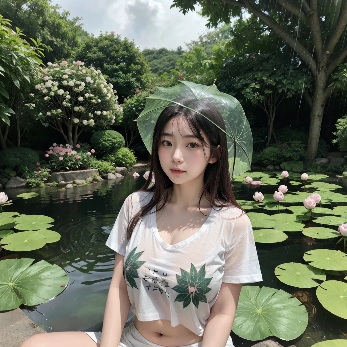 There is a girl sitting on a leaf, (white clothes), fresh color scheme, there is a plush toy, Guvez style artwork, popular on cgstation, illustrated by Li Song, soft anime, lying on a water lily mat, sitting on a lotus flower, cute and meticulous digital art, cute art style, in the pond, Yang J, cute digital art, Guvitz, sitting by the pond