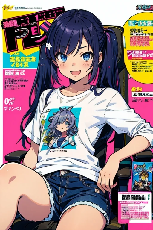 (masterpiece), (best quality), detailed, a otaku girl, soro, twintails,  wavy hair twintails.hairs between eyes,dark blue eyes ,smile, masterpiece, best quality, newest,(perky chest:1.2), (pointed chest:1.2),(from below:1.4,Best Quality),a girl , darkplatinum color hair、otaku uniform:1.2,Purplish blue eyes that dreamers desire, ((Otaku girl)),gloomy, messy hair, hair over eyes, blushing face,armpits hair, (harf sleeve t-shirt),shorts, sitting on gaming chair, otaku room,playing PC-game:1.3,small breasts, skinny,open mouth, (otaku game magazine cover:1.3),(with sparkling eyes and a contagious smile),her thin pubic hair:1.2, looking at viewer