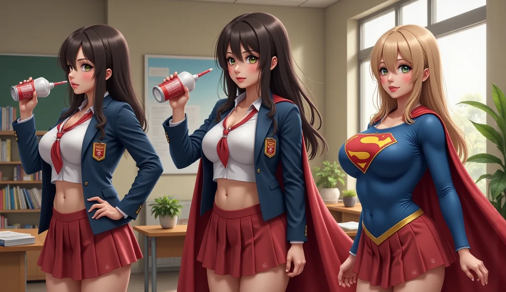 A SEXY MATURE JAPANESE SCHOOL GIRL WITH BLACK HAIR AND GREEN EYES DRINKS A SUPER SERUM THAT TRANSFORMS HER FOREVER. WATCH IN THIS 3 STAE TRANSFORMATION AS THE SUPER SERUM TAKES EFFECT AND TRANSFORMS THE SCHOOL GIRL INTO SUPERGIRL. FIRST FRAME SHE IS WEARING HER ICONIC BLACK AND WHITE SCHOOL GIRL UNIFORM, IN THE SECOND FRAME HER SCHOOL GIRL UNIFORM OPENS AS HER BODY GROWS AS HER EYES TURN BLUE AND HER HAIR TURNS BLONDE, IN THE FINAL FRAME SHE IS WEARING A BLUE SUPERGIRL COSTUME AND RED CAPE. NOW A SEXY BLONDE JAPANESE SUPERGIRL.