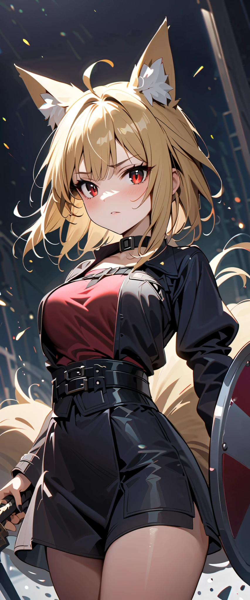 (high-quality, breathtaking),(expressive eyes, perfect face) 1girl, female, solo, maomao, cowboy shot, medium full shot, blonde hair color, alluring red eyes, Large breasts, fox ears, fox tail, small Ahoge, Knight Attire, Sword and shield, black shorts, looking towards viewer, HD, High quality image, dusty particles floating around, black choker, black collar with spikes, goth girl, goth aesthtic
