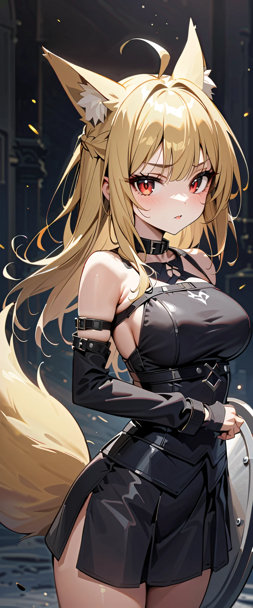 (high-quality, breathtaking),(expressive eyes, perfect face) 1girl, female, solo, maomao, cowboy shot, medium full shot, blonde hair color, alluring red eyes, Large breasts, fox ears, fox tail, small Ahoge, Knight Attire, Sword and shield, black shorts, looking towards viewer, HD, High quality image, dusty particles floating around, black choker, black collar with spikes, goth girl, goth aesthtic
