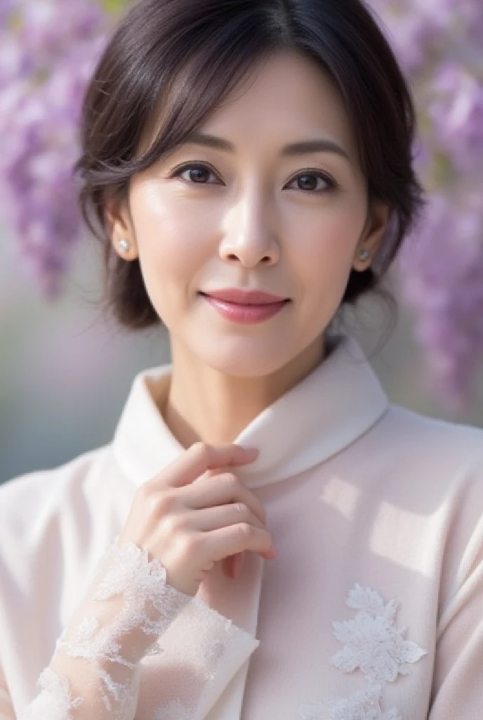 Mature Woman,  ( Detailed Explanation of Hair ), ( face ), (Detailed description of the body), high definition, masterpiece,  best quality ,  high detail, formal: 1.4), ( realistic: 1.2, 超 realisticな: 1.1,  realistic: 1.37), ( sharp focus : 1.4),  depth of field,  physics-based rendering showing spectacular natural scenery,  wavy hair, ,  Unmatched Beauty , (Ultimate beauty), (lipstick:1.1), ( eyeliner that reaches its climax:1.2), ( mascara), ( eyeshadow), (48 years old,: 1.4), Japanese、 close-up、Fine laugh lines:1.2、seductive smie、　3.  add mauve blur dye
Point :  pale purple blur dye reminiscent of wisteria flowers 。 place wisteria flower motifs on the cuffs and hem 、 create a spring-like elegance 。
background: 柔らかな紫と白のグラデーションbackgroundに、 slightly wisteria flower silhouette 。
 pose: Hold the collar with one hand 、 tilt your neck lightly with a gentle expression 。顔のラインを美しく見せる poseを重視。 close-up