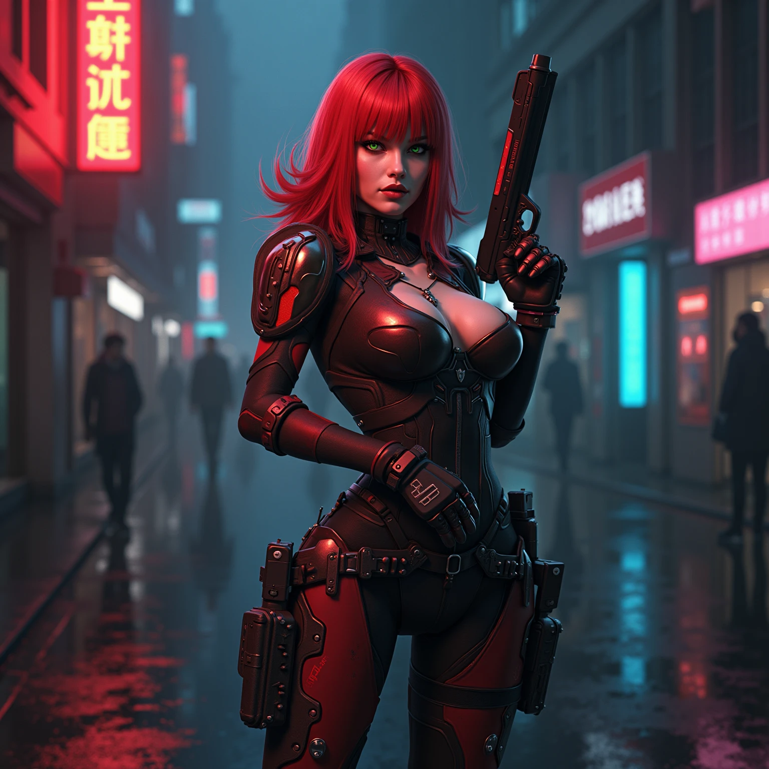 a woman with a sword stands on a roof in front of the city, very beautiful cyberpunk samurai, cyberpunk assassin, redhead female cyberpunk, cyberpunk hero, female cyberpunk, Mara Jade Skywalker, cyberpunk samurai, female cyberpunk anime girl, Ariana Grande — sith, Sith, Dark cyberpunk, Mara Jade, ciberpunk: Evil Magnificent Goddess, cyberpunk nun warrior, with Cyberpunk style