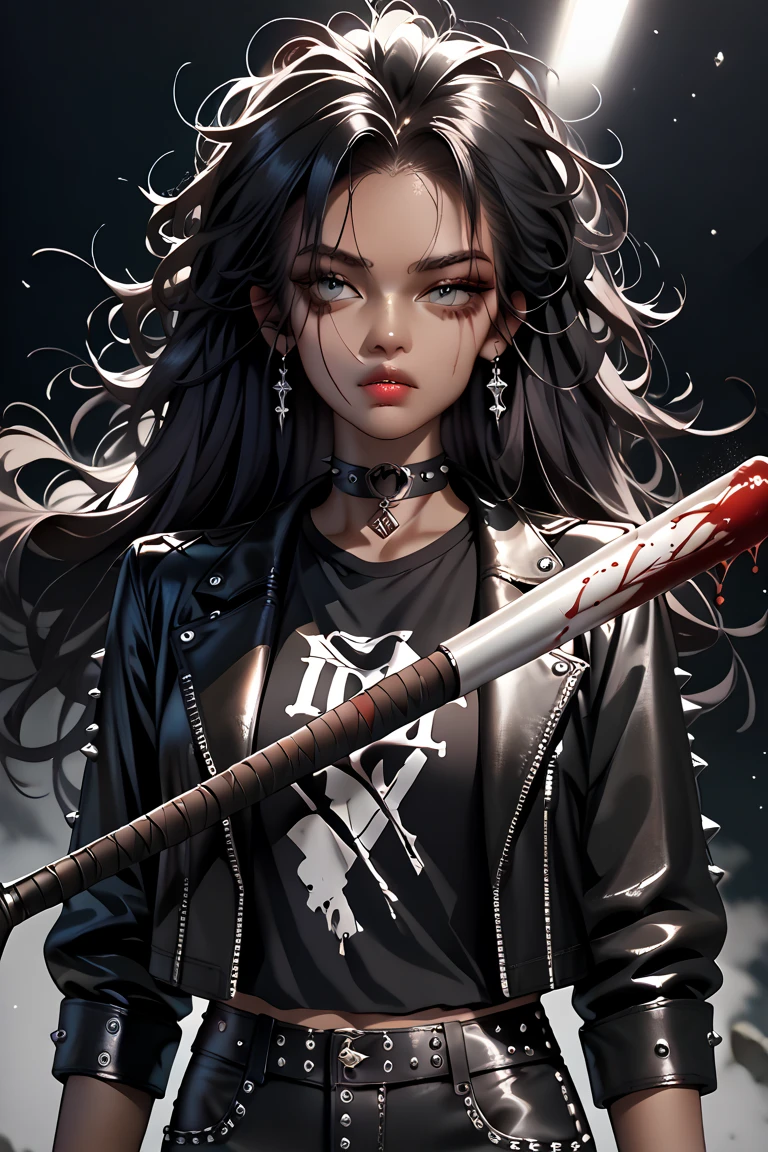 1girl, portrait, dark skin, black hair, messy hair, long hair, hair slicked back, holding bat, metal bat, leather jacket, punk outfit, choker, rock shirt, blood on pants