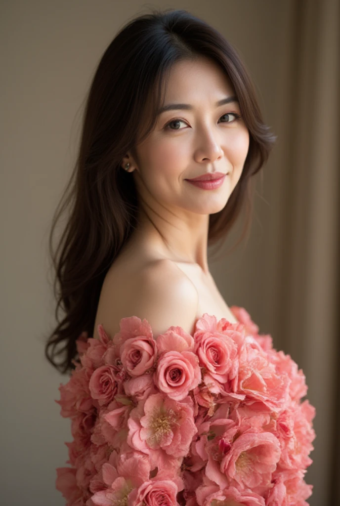 A mesmerizing image of a Japanese mature woman, 48 years old, wearing an exquisite, seamless arrangement of roses that fully covers her body without any gaps. The roses form a natural yet luxurious gown, emphasizing elegance and sophistication. Her expression is warm and inviting, with a gentle smile showcasing subtle laugh lines. Her wavy hair gracefully frames her face, complementing her glowing, translucent skin and natural beauty. The pose is refined, highlighting her slim figure and graceful curves. The image features sharp focus, high resolution, and ultra-detailed quality, rendered with realism, depth of field, and physically based lighting for an enchanting and photo-realistic look.