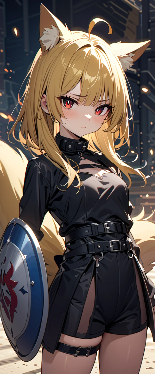 (high-quality, breathtaking),(expressive eyes, perfect face) 1girl, female, solo, maomao, cowboy shot, medium full shot, blonde hair color, alluring red eyes, small stature,  flat chested, small breasts, fox ears, fox tail, small Ahoge, Knight Attire, Sword and shield, black shorts, looking towards viewer, HD, High quality image, dusty particles floating around, black choker, black collar with spikes, goth girl, goth aesthtic
