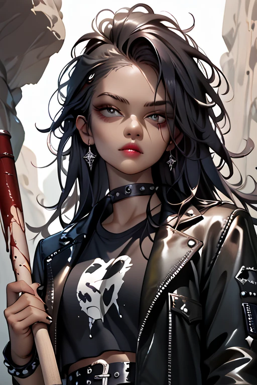 1girl, portrait, dark skin, black hair, messy hair, long hair, hair slicked back, holding bat, metal bat, leather jacket, punk outfit, choker, rock shirt, blood on pants