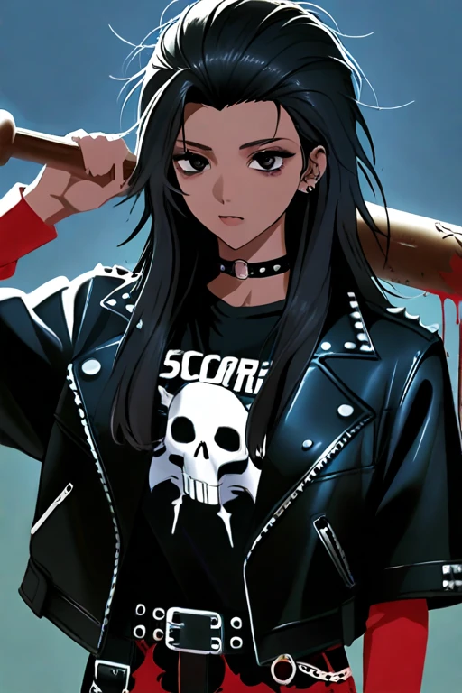 1girl, portrait, dark skin, black hair, messy hair, long hair, hair slicked back, holding bat, metal bat, leather jacket, punk outfit, choker, rock shirt, blood on pants