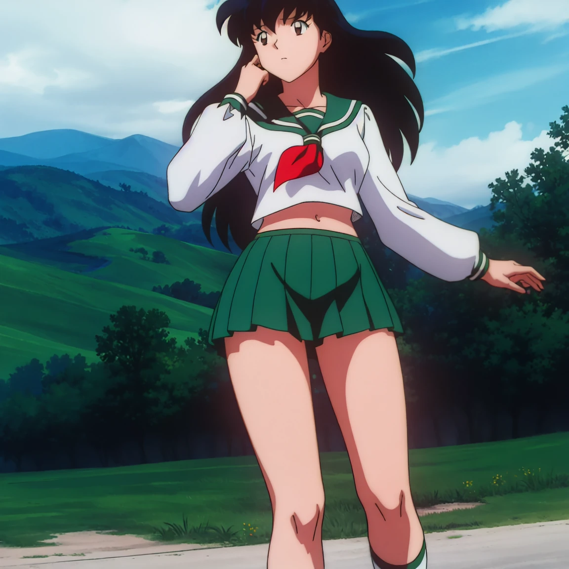 Best quality, masterpiece, HD, Kagome Higurashi, 1girl, school uniform, full body, young girl, full body , ((Anime)), ((colored)), breast, smile , thighs soft , red scarf , green skirt