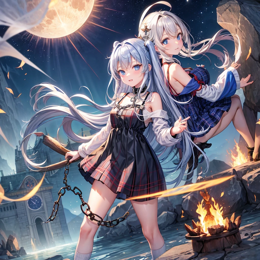 masterpiece, best quality, Mature women,, gray hair, Long Hair Flying,fantasy, middle Ages, On the war zone, dynamic poses, Beautiful and detailed light,black corset,White miniskirt,Lace exposed,Golden eyes,There are blue sword lights all around,silence,fist to the sky with right hand