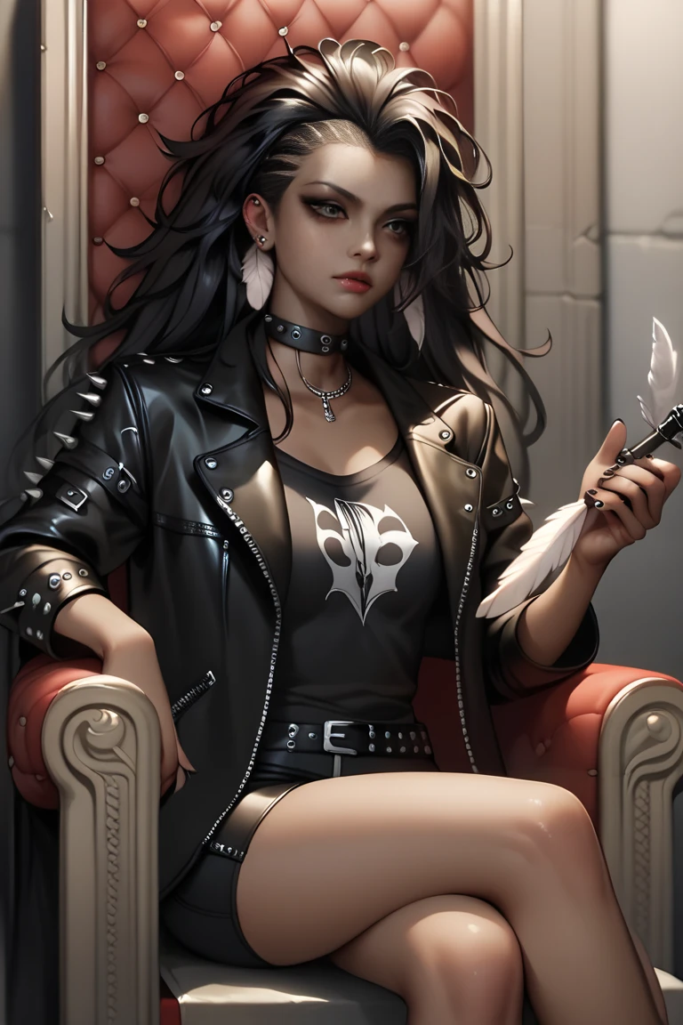 1girl, sitting, throne, dark skin, black hair, messy hair, long hair, (hair slicked back), holding bat, metal bat, leather jacket, punk outfit, choker, rock shirt, (feathers, floathing feathers),solo, beautiful eyes, focus face,shadowmanhwastyle