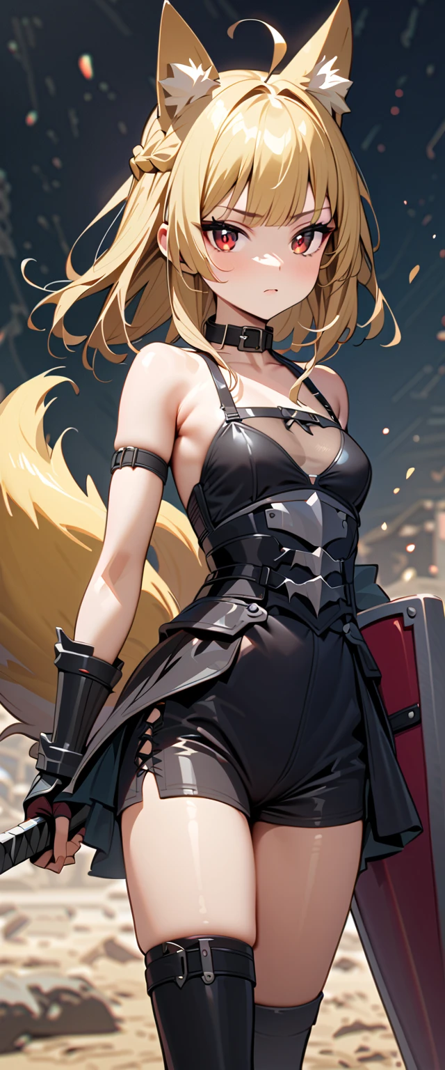 (high-quality, breathtaking),(expressive eyes, perfect face) 1girl, female, solo, maomao, cowboy shot, medium full shot, blonde hair color, long hairstyle, alluring red eyes, small stature,  flat chested, small breasts, fox ears, fox tail, small Ahoge, Knight Attire, Armor on arms, Sword and shield, black shorts, looking towards viewer, HD, High quality image, dusty particles floating around, black choker, black collar with spikes, goth girl, goth aesthtic
