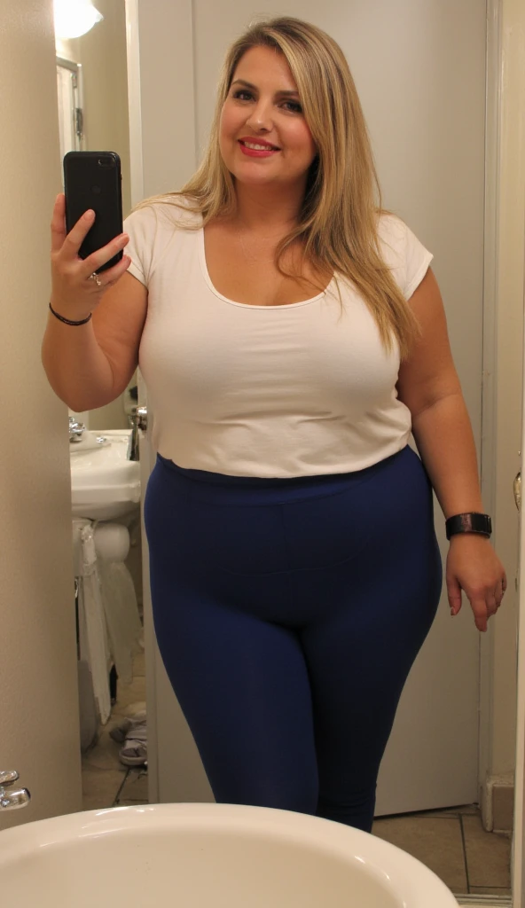 Fat woman, blonde, straight long hair, chubby, busty cleavage, 40 years old, caucasian, bbw, chubby,makeup, full body picture, big hips, blonde hair, tank top with no bra underneath, leggings pants, public bathroom, stretch marks, tan lines 