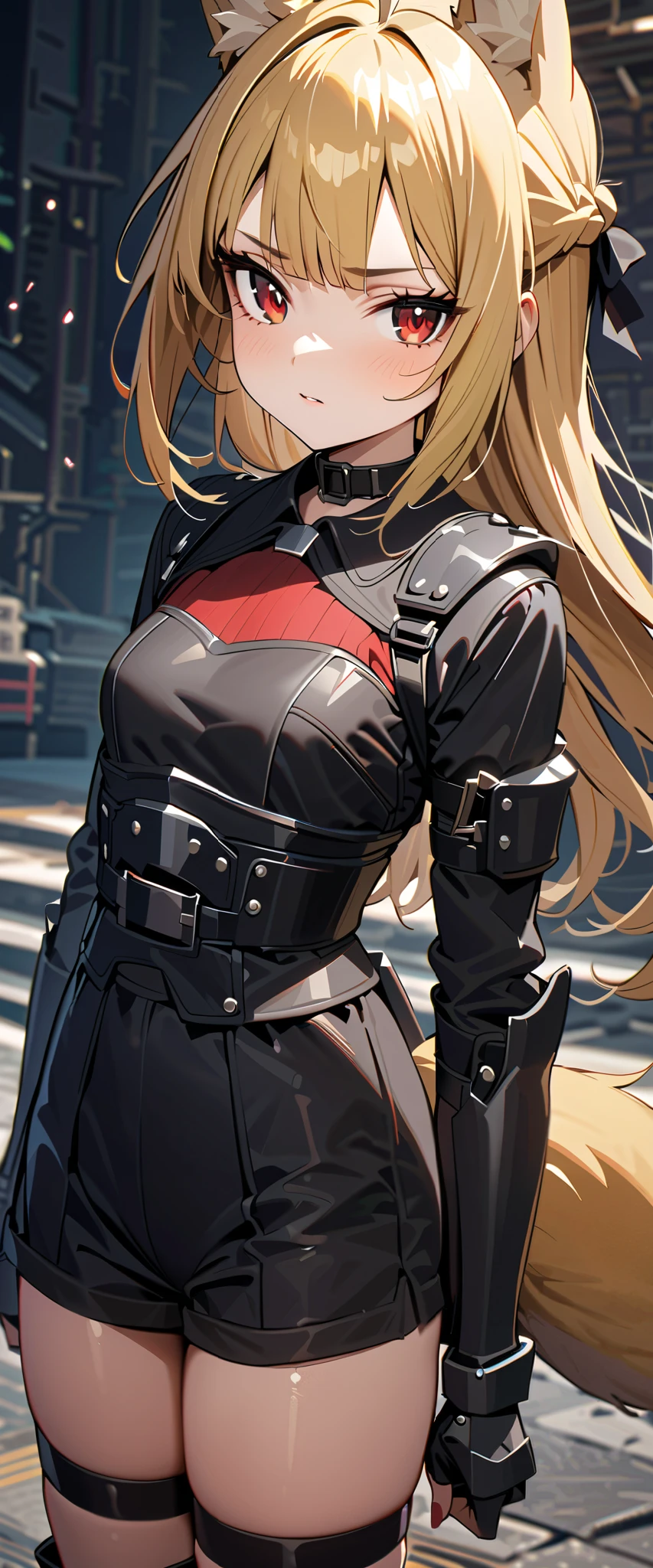 (high-quality, breathtaking),(expressive eyes, perfect face) 1girl, female, solo, maomao, cowboy shot, medium full shot, blonde hair color, long hairstyle, alluring red eyes, small stature,  flat chested, small breasts, fox ears, fox tail, small Ahoge, Knight Attire, Armor on arms, Sword and shield, black shorts, looking towards viewer, HD, High quality image, dusty particles floating around, black choker, black collar with spikes, goth girl, goth aesthtic
