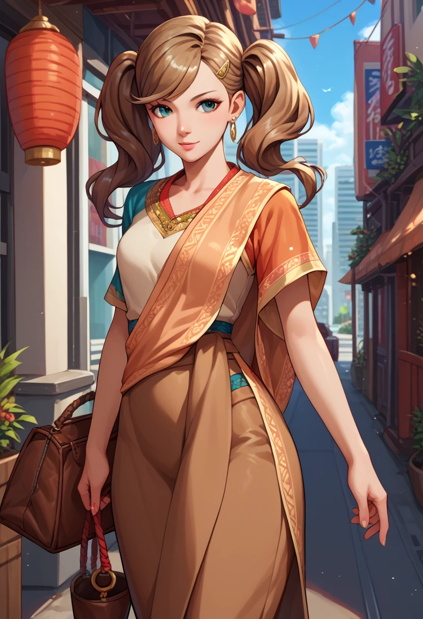 score_9_up, score_8_up, score_7_up,score_6_up, score_5_up, score_4_up , 1girl, solo, yukaridef, indian saree, , earrings,  defAnn, twintails, hairclip,   , brown boots, bindi, cowboy shot, city background