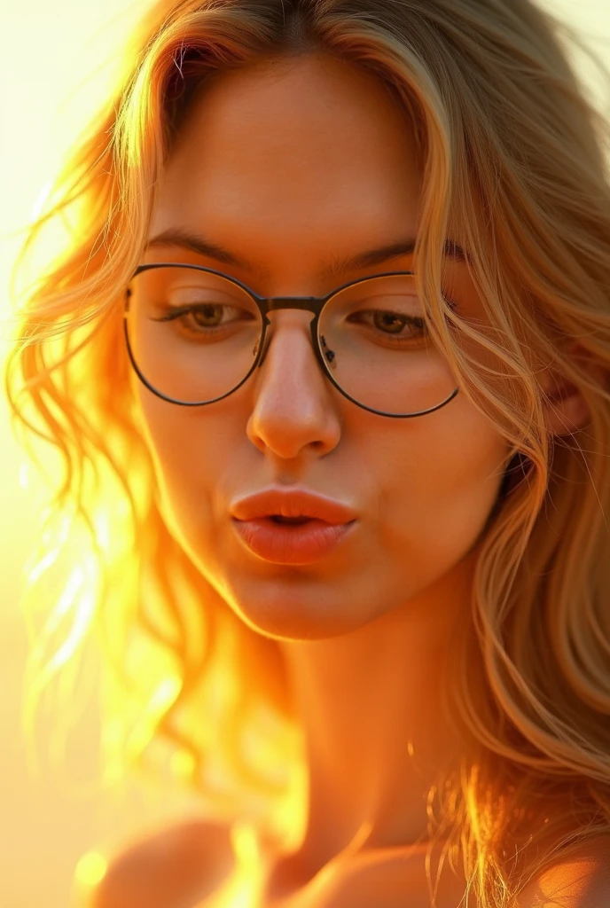 Make me a blonde with brown skin, yellow eyes and black glasses