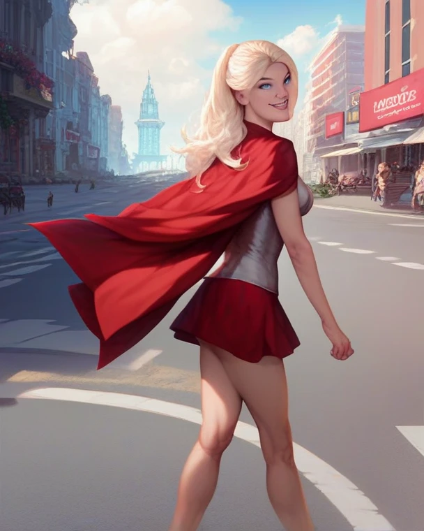 A beautiful sexy girl (Super girl) walking on the street, wearing a tight mini skirt and a red cape, blue eyes, blond hair, white pale skin, smiling seductive face, city background, intrincate, photorealistic, Ultra HD.