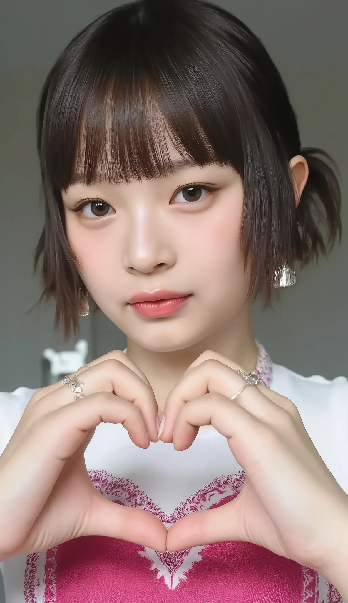      Wear an attractive camisole and shape your hands in front of your chest in the shape of a heart   ,     Cute Smile Up、  The background is plain、  HD、細部にわたって HD  