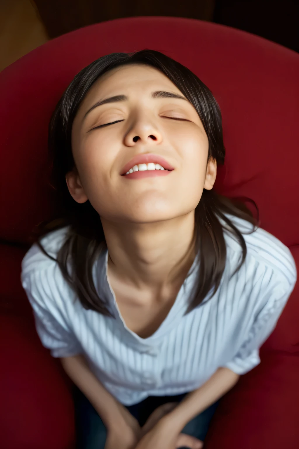  best quality ,  ultra high definition, ( Ishihara Satomi),  in a hotel room,   sitting on the bed  , (([ insert 、Deep joy、 severe pain 、Eyes of Ecstasy :1.2, （ top view :1.5）、fear, ((Close your eyes and take a deep breath :1.2)),  ecstatic face、 climax expression 、 looks up at the 、 giant Cleveland  、Endure:1.5)),   clench your teeth、The whole body is projected, Look up at the  、 thighs、 ceiling and put your hands between the thighs、 Cleveland 、 Blancing 、 off-shoulder shirt、 Cinematic Lights、 sharp concentration、bokeh、 highlights 、 cinematic post-processing、 complicated human hands 、See also