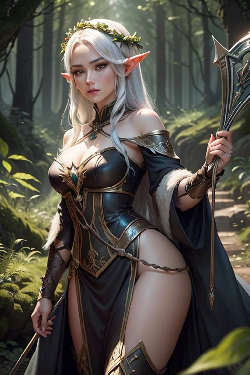 photorealistic, a high resolution, 2 beautiful female elf warriors, long braided black hair, (wear elven baroque armor), battle-worn, magic, short elf skirt, short top, smiling, fantasy, dynamic pose, background of castle ruins in the forest, gray body skin, bronze body skin, fire magic, Wind magic, dramatic, Chromatic aberration.