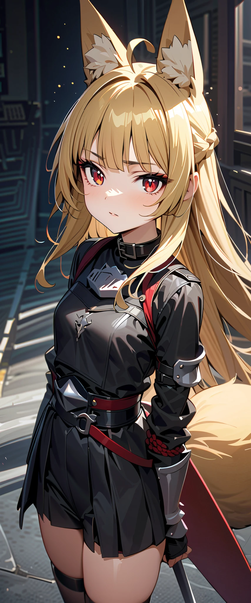 (high-quality, breathtaking),(expressive eyes, perfect face) 1girl, female, solo, maomao, cowboy shot, medium full shot, blonde hair color, long hairstyle, alluring red eyes, small stature,  flat chested, small breasts, fox ears, fox tail, small Ahoge, Knight Attire, Armor on arms, Sword and shield, black shorts, looking towards viewer, HD, High quality image, dusty particles floating around, black choker, black collar with spikes, goth girl, goth aesthtic
