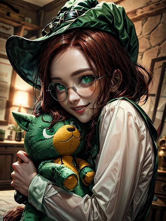 Horses.  short,  red hair,  green eyes, green pointed hat, The Witch's Mantle, smile, witch ,  metal eyeglass frame ,  hugs a soft toy.