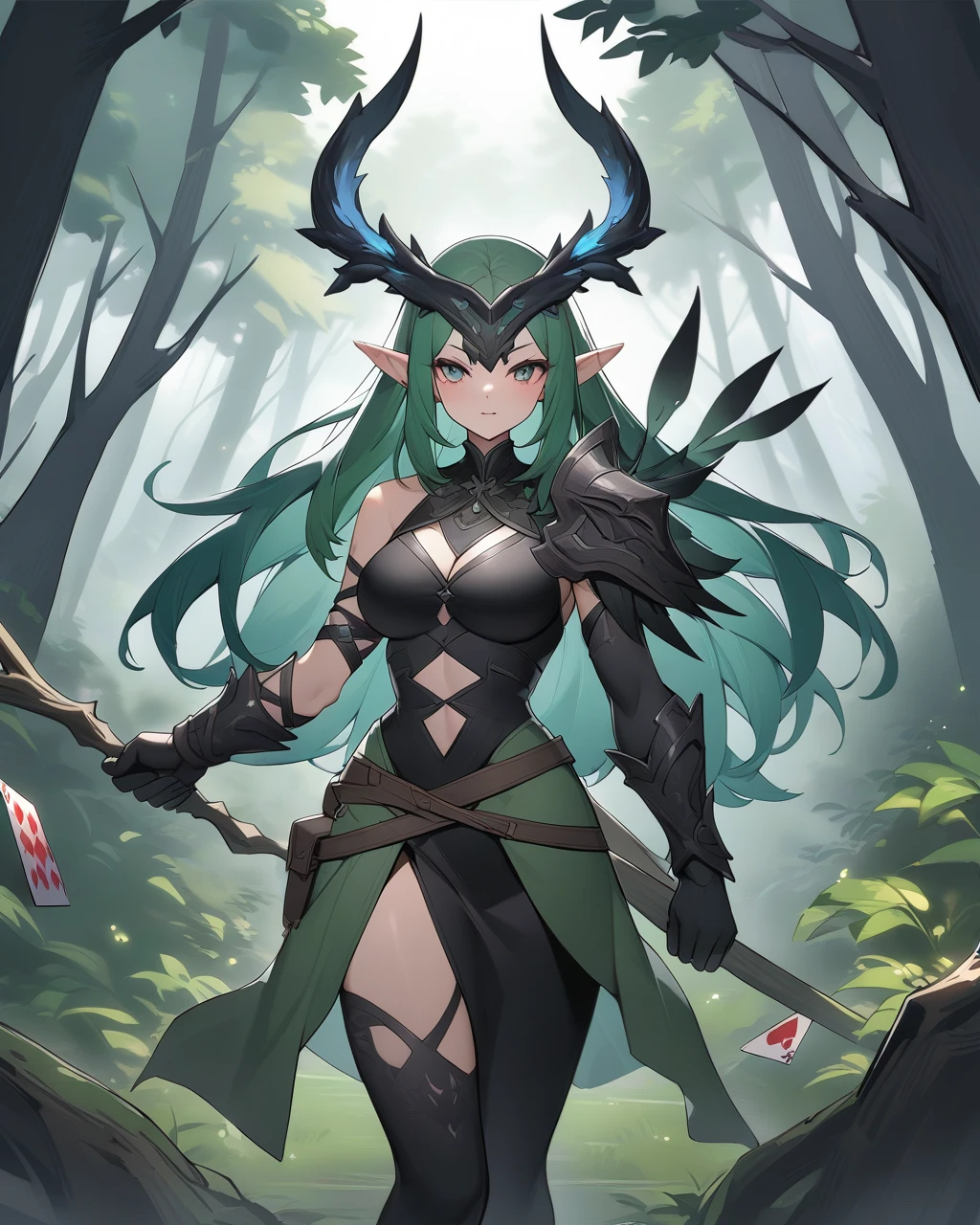 ((best quality)), ((masterpiece)), (detailed), 1 woman , perfect face, dark hair  with slight blue hue, long hair, yellow slit eyes, in forest, tight leotard open from cleavage to below navel, large breast hardly contained, small green cape over her right shoulder, thigh-high boots, green gloves, snake tattoo on left leg and scales tattoo under her left eye,nice lighting